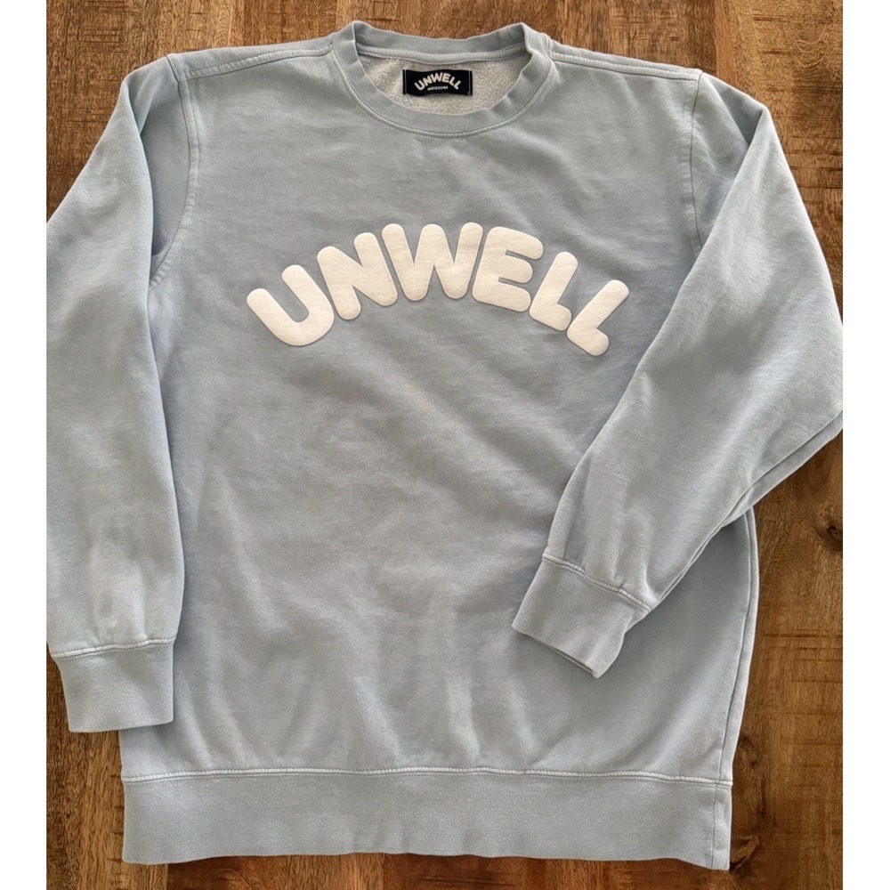 UNWELL Crewneck Sweatshirt Medium‎ Blue Oversized Puff Logo Fleece Pullover